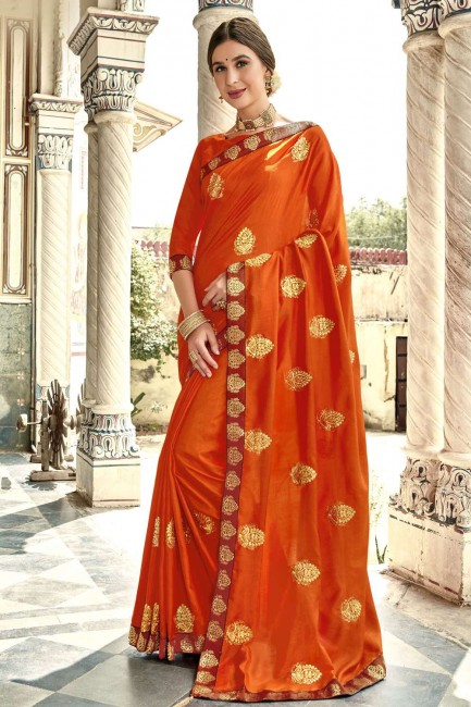 Designer Jari Embroidery Work Vichitra Silk Orange saree Blouse