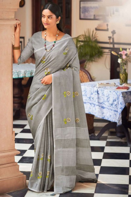 Wevon Designer,Embroidery Work Linen saree in Greywith Blouse