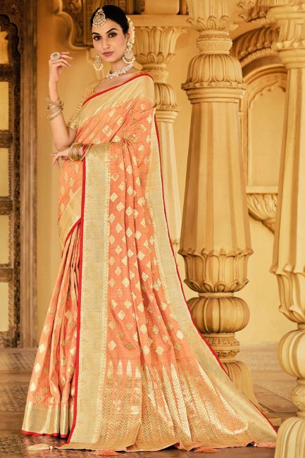 Designer Weaving Work saree in Peach Silk