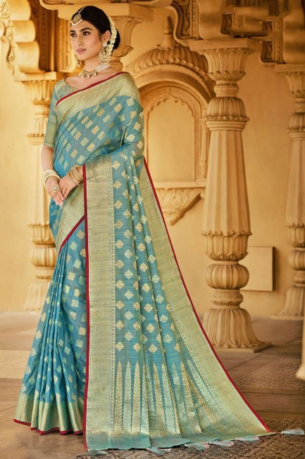 saree in Blue Silk with Designer Weaving Work