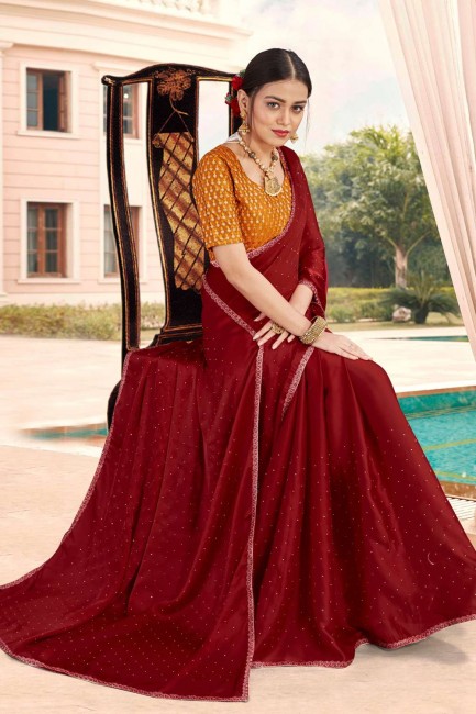 Maroon Satin saree with Stone Work,Embroidery Blouse 