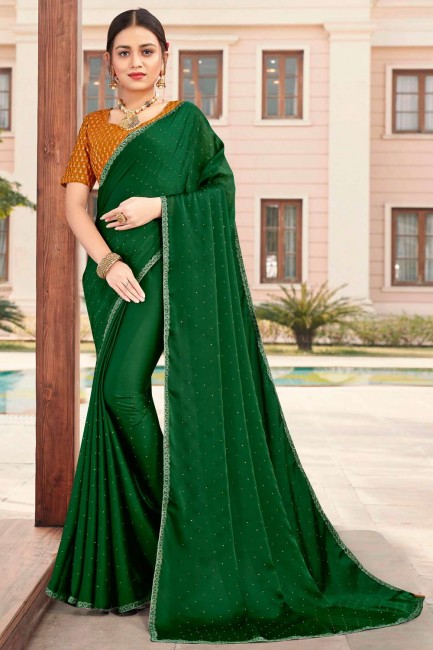 Stone Work,Embroidery Blouse Satin saree in Green
