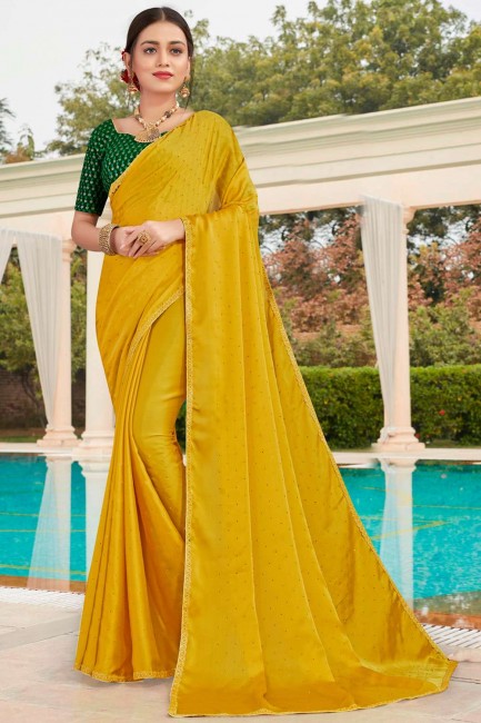 saree in Yellow Satin with Stone Work,Embroidery Blouse 