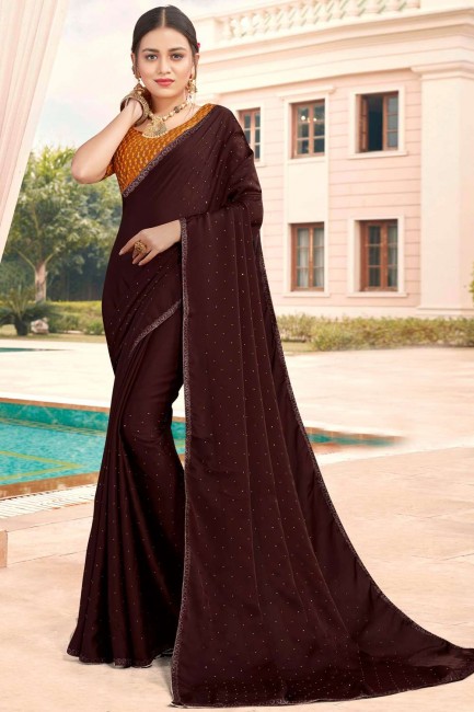 Coffee saree with Stone Work,Embroidery Blouse Satin