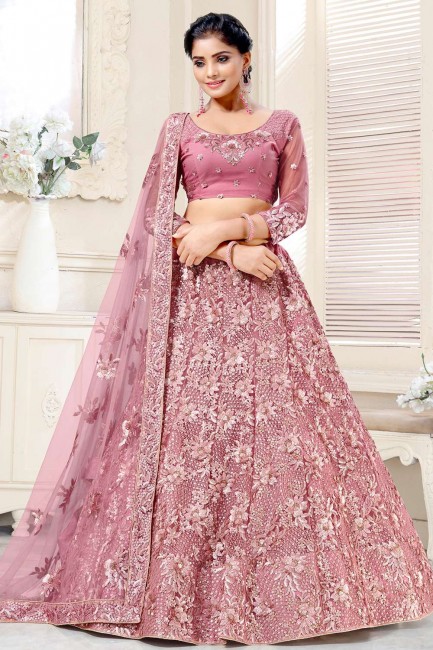 Net Wedding Lehenga Choli in Pink with Double Sequance,Thread Embroidery Work
