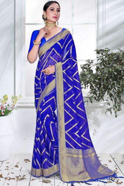 Heavy Weaving Designer Work saree in Blue Organza
