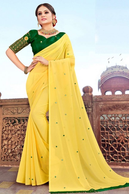 Mirror,Embroidery Work Georgette saree in Yellow