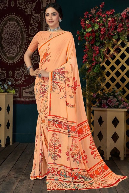 Peach saree with Designer Printed Art Silk