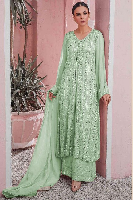 Faux Georgette pakistani palazzo suit in Green with Designer Heavy Embroidery Work