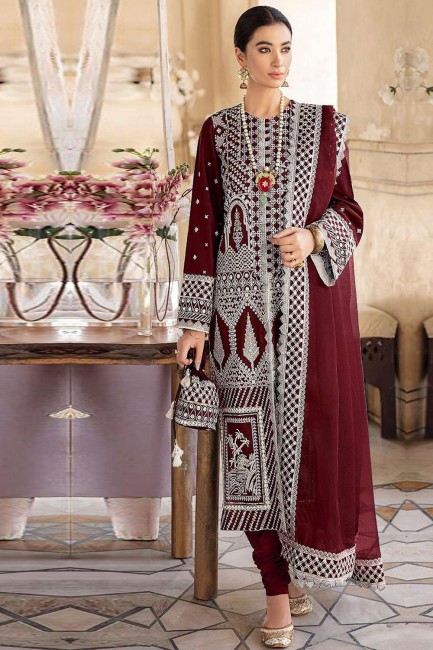 Maroon pakistani Salwar Kameez with Heavy Designer Embroidery Work Faux Georgette