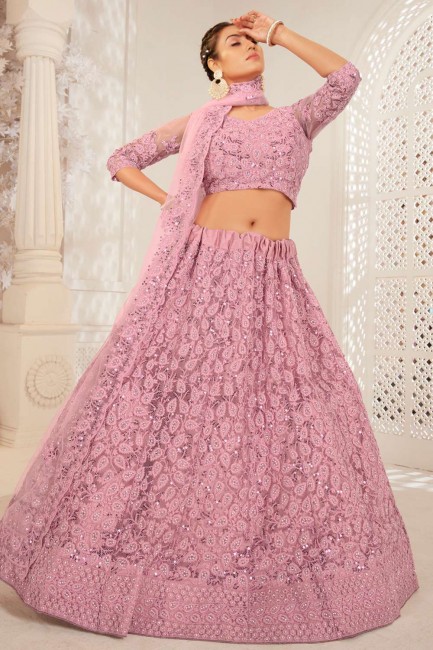 Net Pink Wedding Lehenga Choli in Heavy Coding Embroidery,Zarkan Work