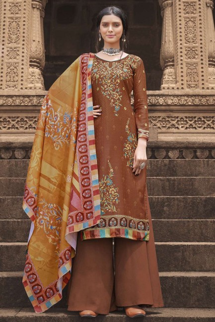 Pashmina Silk Digital Printed,Embroidery Work Brown Palazzo Salwar kameez with Acrylic Pashmina Dupatta