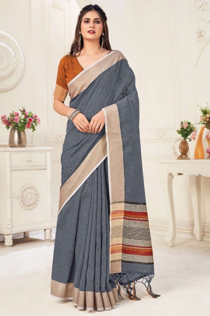 Grey saree in Wevon Designer Linen