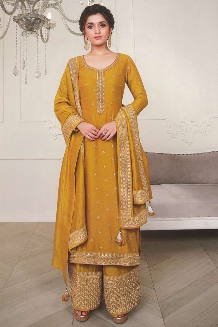 Embroidered Eid Palazzo Suit in Mustard Georgette