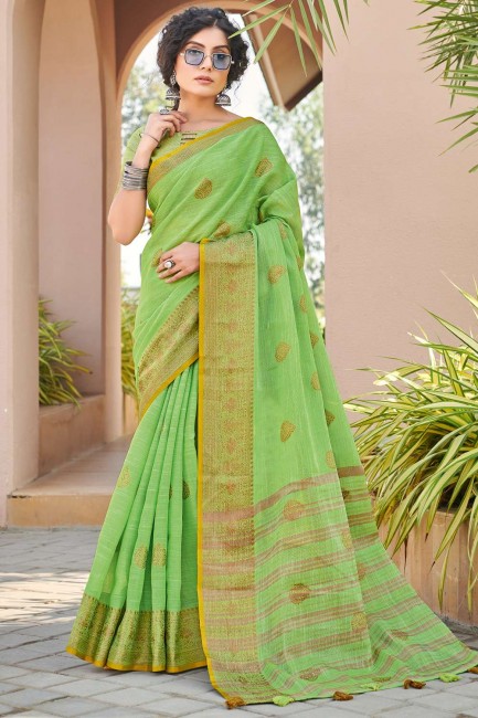 Weaving Cotton Saree in Olive
