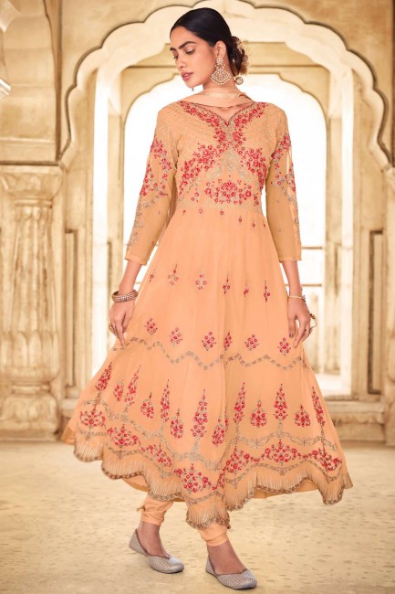 Faux georgette Peach Eid Anarkali Suit in Embroidered