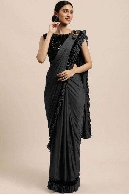 Poly cotton Embroidered Grey Saree with Blouse