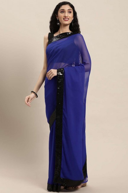 Royal blue Saree with Embroidered,lace Georgette