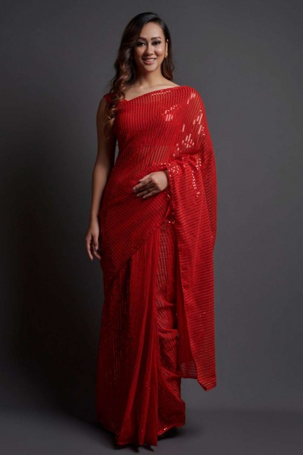 Saree Georgette  with Embroidered in Red