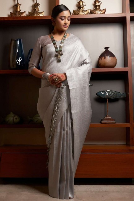 Silk South Indian Saree with Weaving in Grey