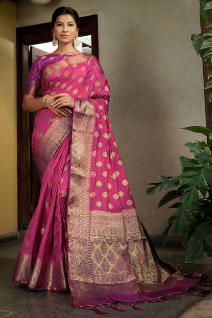 Silk Zari,weaving pink Saree with Blouse