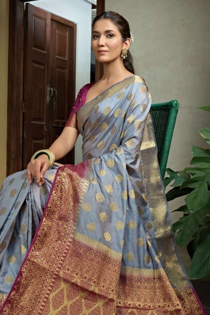 Grey Zari,weaving Saree in Silk