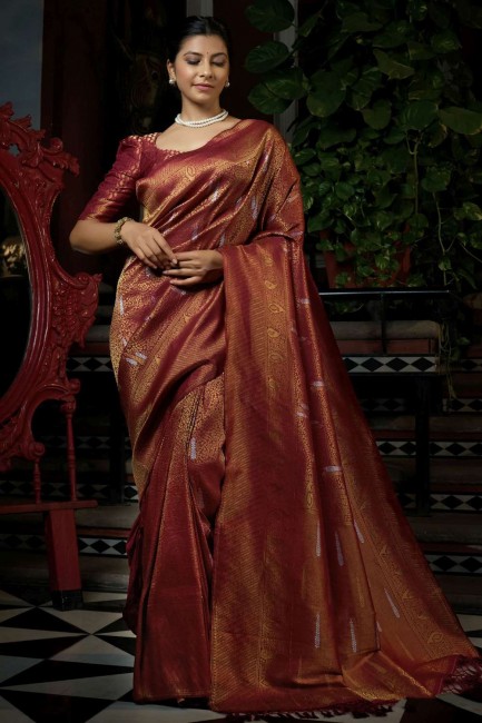 Red South Indian Saree in Raw silk with Weaving