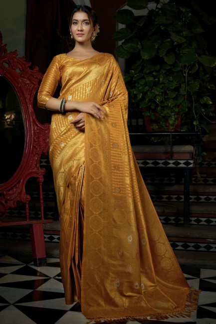 Raw silk South Indian Saree in Mustard with Weaving
