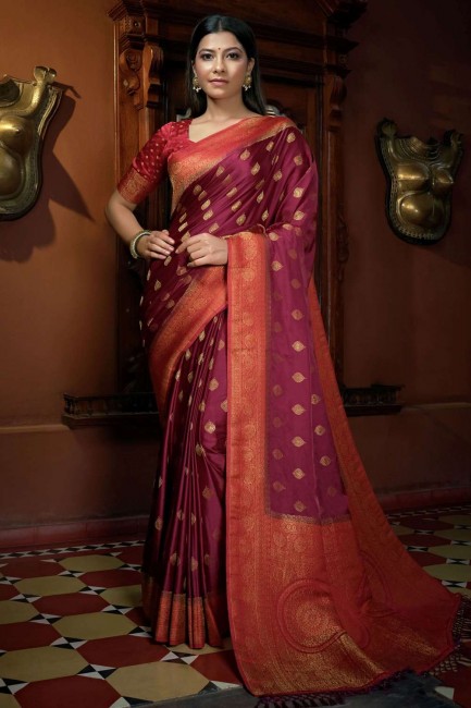 Purple South Indian Saree in Satin and silk with Weaving