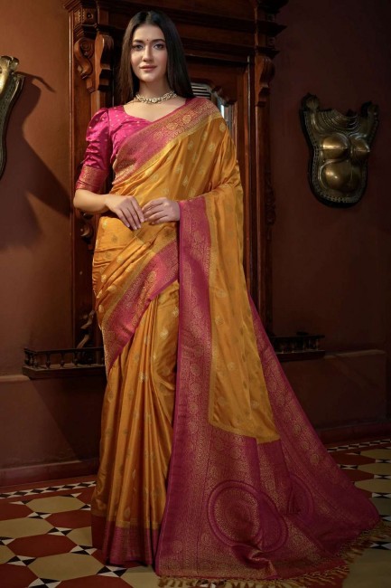 South Indian Saree in Mustard  Satin and silk with Weaving