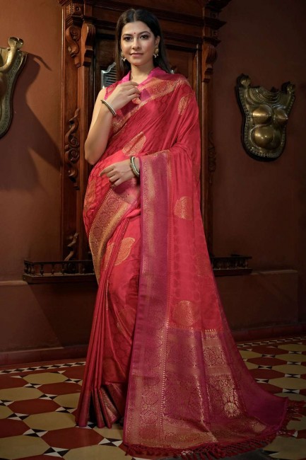 Satin and silk Weaving Pink South Indian Saree with Blouse