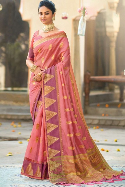 Weaving Saree in Pink Organza