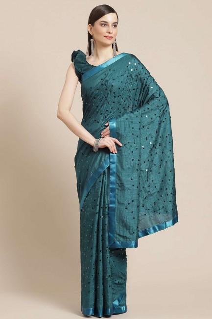 Teal blue Embroidered Saree in Silk