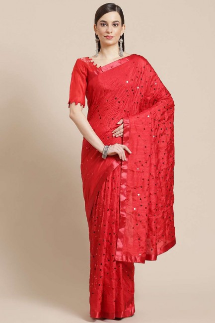 Embroidered Red  Saree in Silk