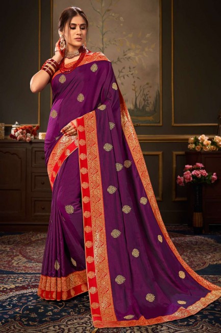 Purple Zari,embroidered Silk Saree with Blouse