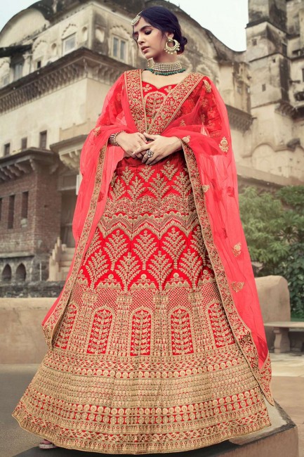 Embroidered Satin Wedding Lehenga Choli in Red with Dupatta