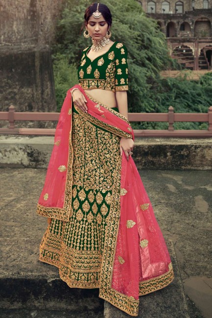 Dark green Wedding Lehenga Choli with Embroidered Satin