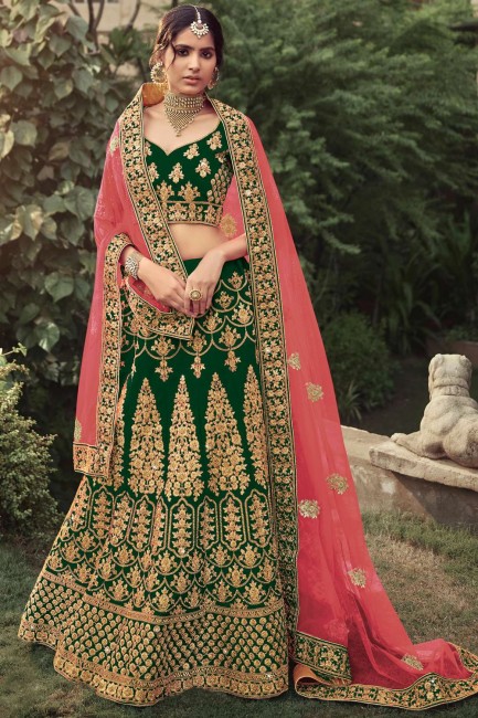 Dark green Embroidered Satin Wedding Lehenga Choli