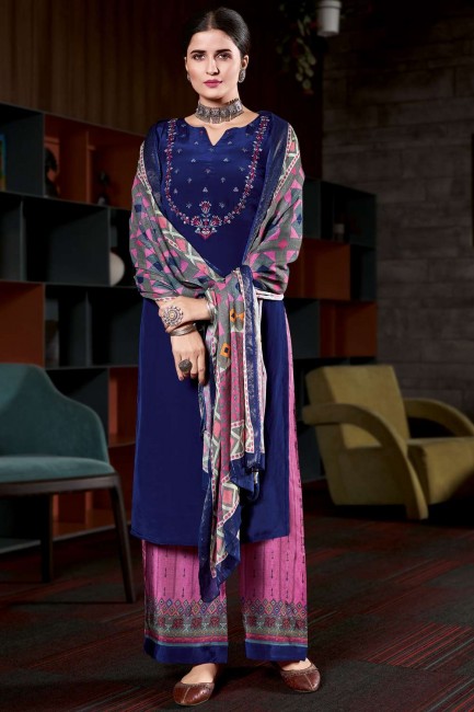 Embroidered Crepe Eid Palazzo Suit in Blue
