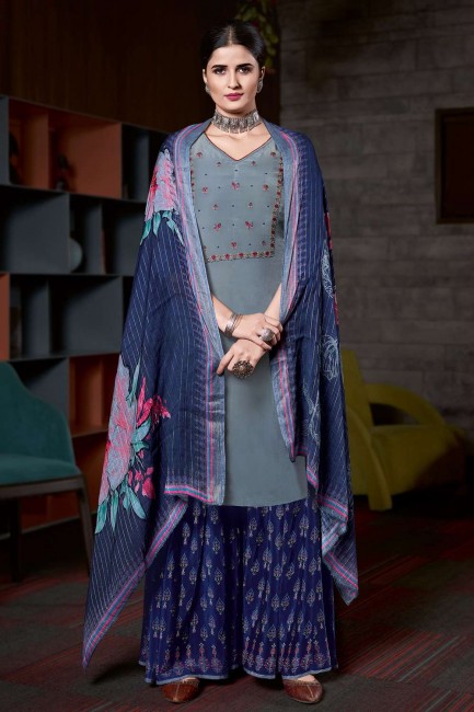 Embroidered Crepe Eid Palazzo Suit in Grey with Dupatta