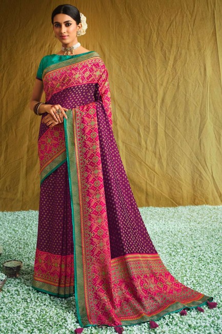Printed Brasso Wine  South Indian Saree with Blouse