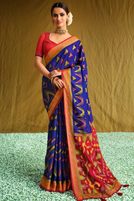 Printed South Indian Saree in Royal blue Brasso