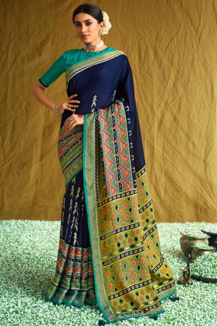 Navy blue South Indian Saree in Brasso with Printed