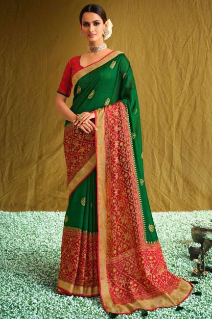 Green Brasso South Indian Saree with Printed