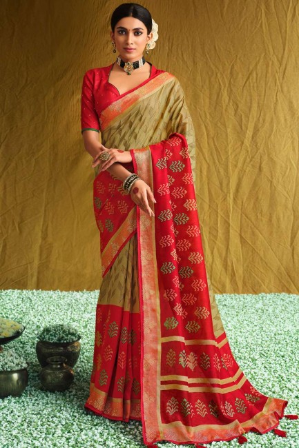 Beige South Indian Saree in Printed Brasso