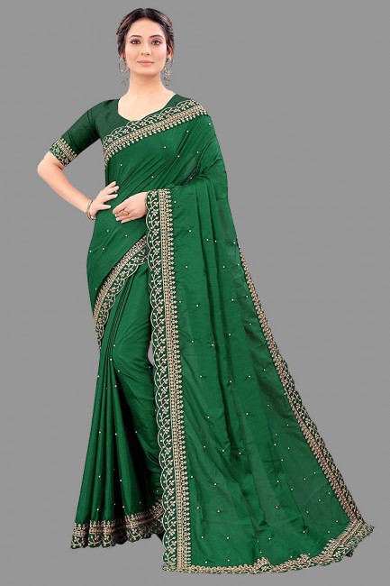 Green Saree in Embroidered,lace border,stone with moti Silk