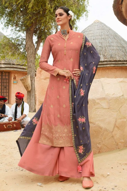 Eid Palazzo Suit in Salmon Jacquard with Embroidered