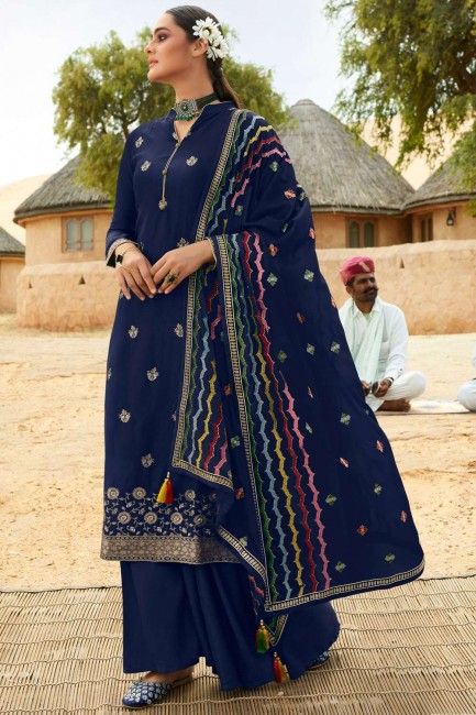 Jacquard Blue Eid Palazzo Suit in Embroidered