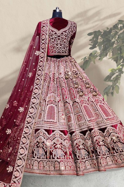 Velvet Wedding Lehenga Choli Maroon  in Embroidered