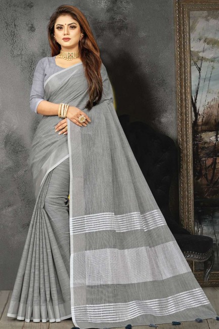 Lace border Saree in Grey Linen